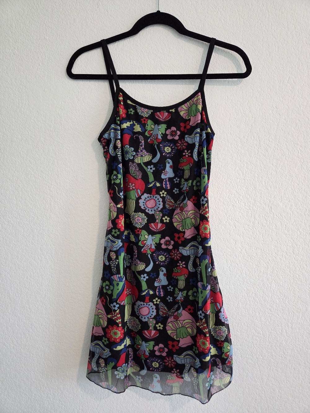 Wowo Black Mushroom Floral Slip Dress Y2K Rave Vibrant Colorful Festival Grunge‎